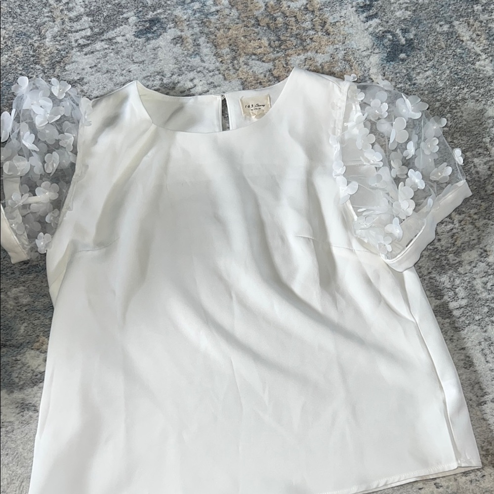 Line & Dot White Blouse with Sheer Floral Sleeves